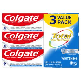 Colgate Total Whitening Toothpaste Gel;  Mint;  3 Pack;  5.1 oz Tubes - Colgate